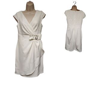 STUDIO ONE Off-White V-Neck Sleeveless Faux Wrap Sheath Dress Size 8